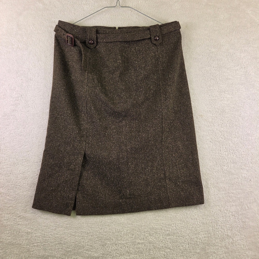 Ann Taylor Brown Tweed Metallic Gold Fleck Pencil Skirt Side Buckle Size 6